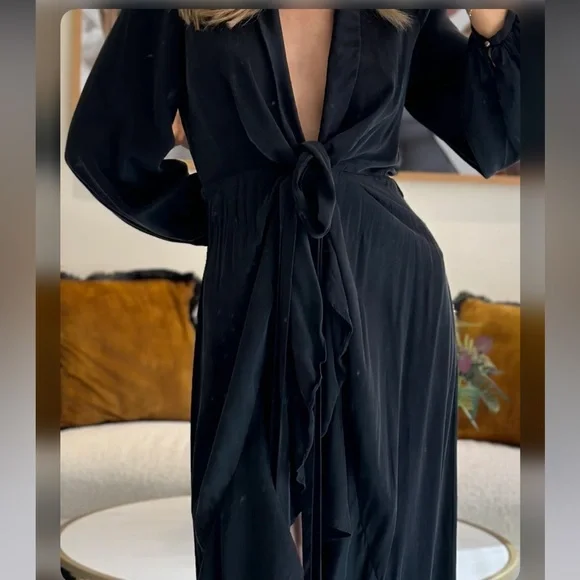 ZIMMERMAN BLACK SILK RUFFLE LONG DRESS ASYMMETRICAL WITH BELT SIZE 0 - Picture 5 of 13